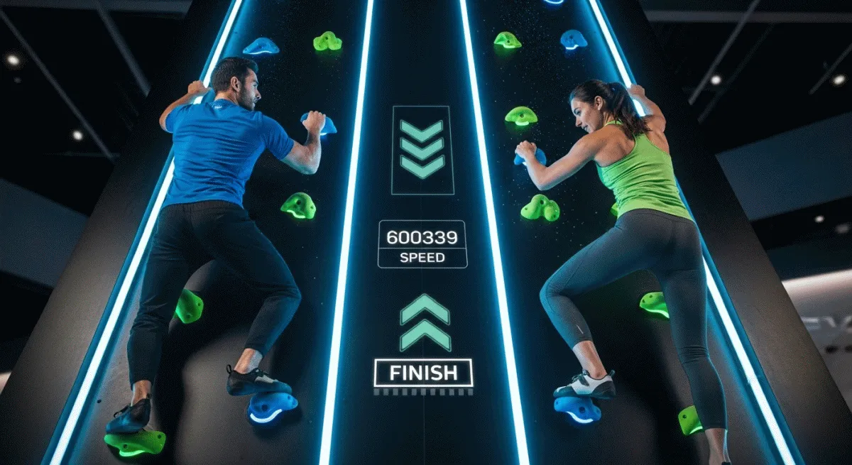 Kletterer nutzt das TRUBLUE iQ Selbstsicherungsgerät an einer Indoor-Kletterwand