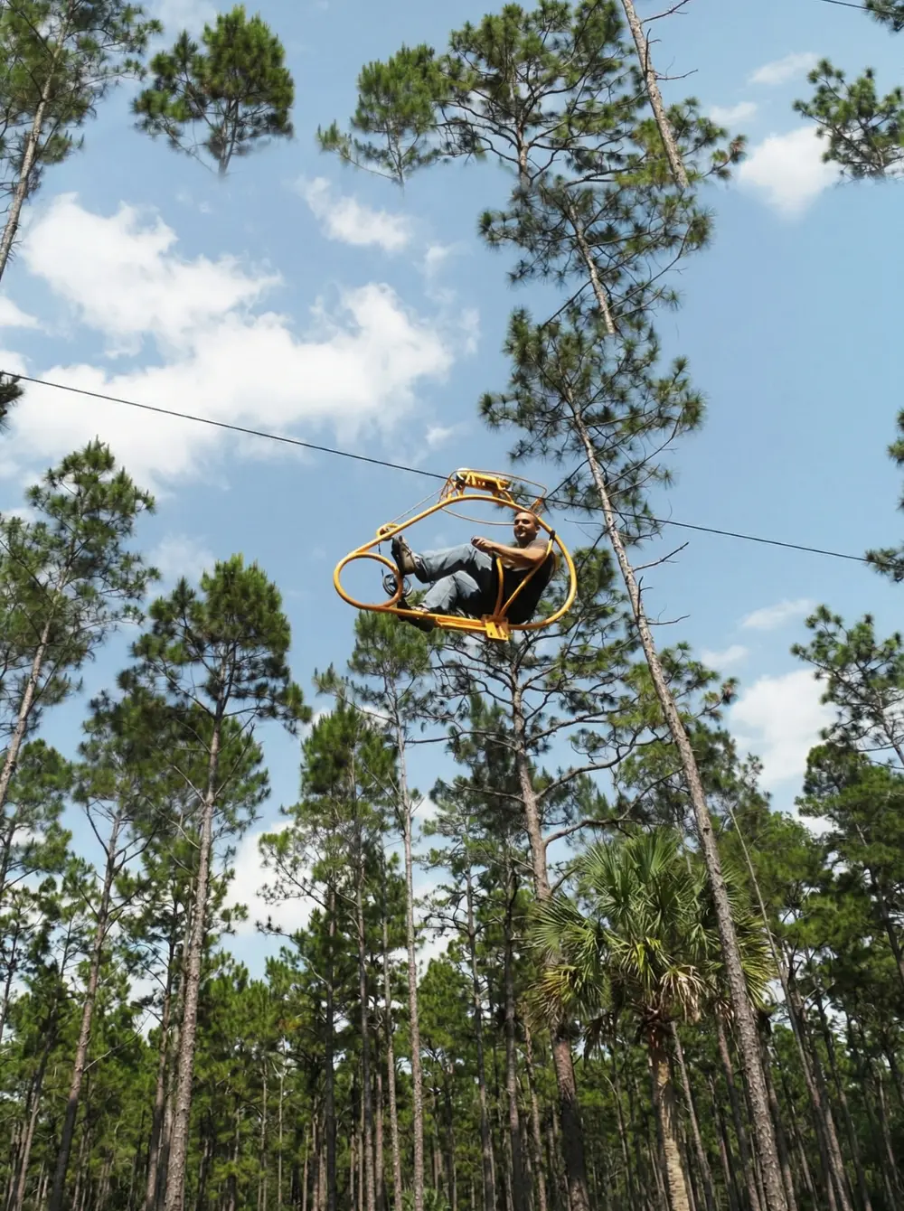 AirCruizer cable bicycle riders at treetop level in a forest setting