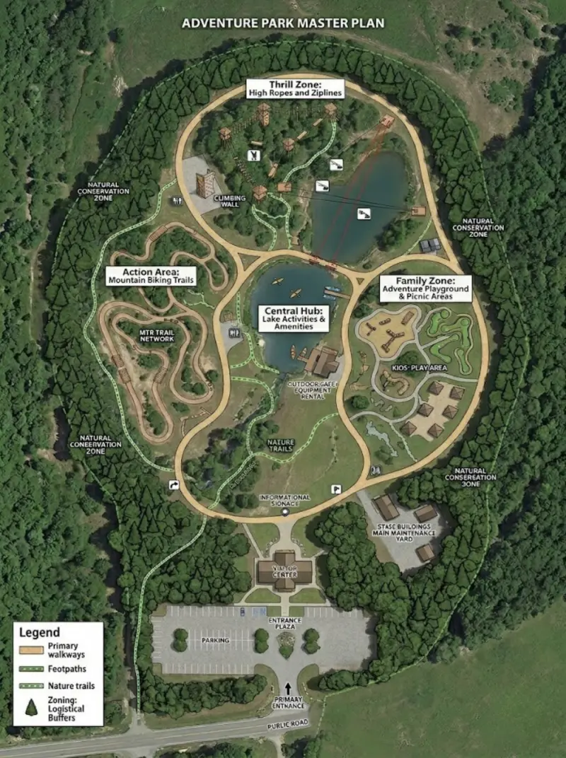 Vista aérea del plan maestro de un parque de aventura mostrando caminos e infraestructura operativa