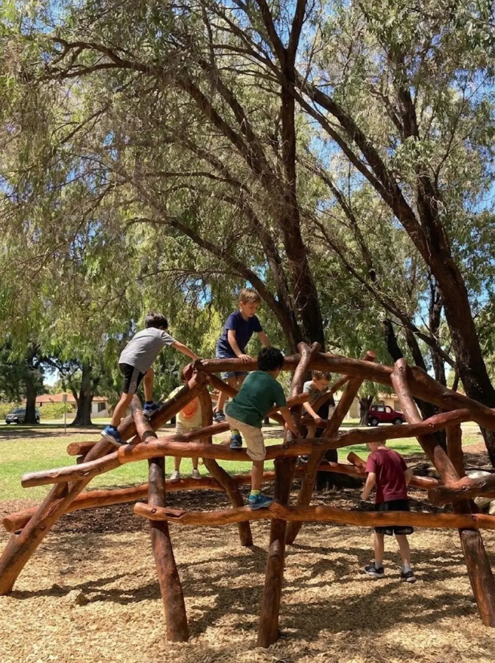 Kinderen spelen op een maatwerk houten speeltoestel van Skywalker Adventure Builders