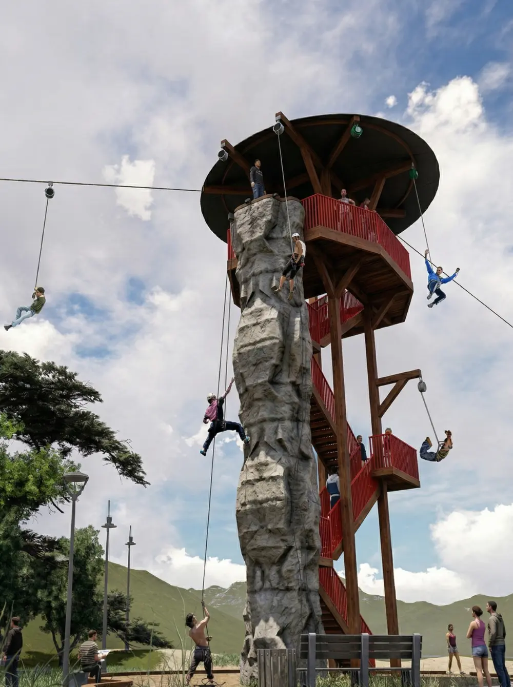 Ultimate Adventure Tower — climbing wall, zipline and free-fall in one vertical structure