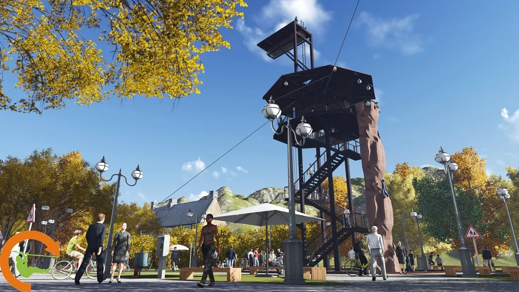 The Ultimate Adventure Tower featuring climbing walls and free fall elements