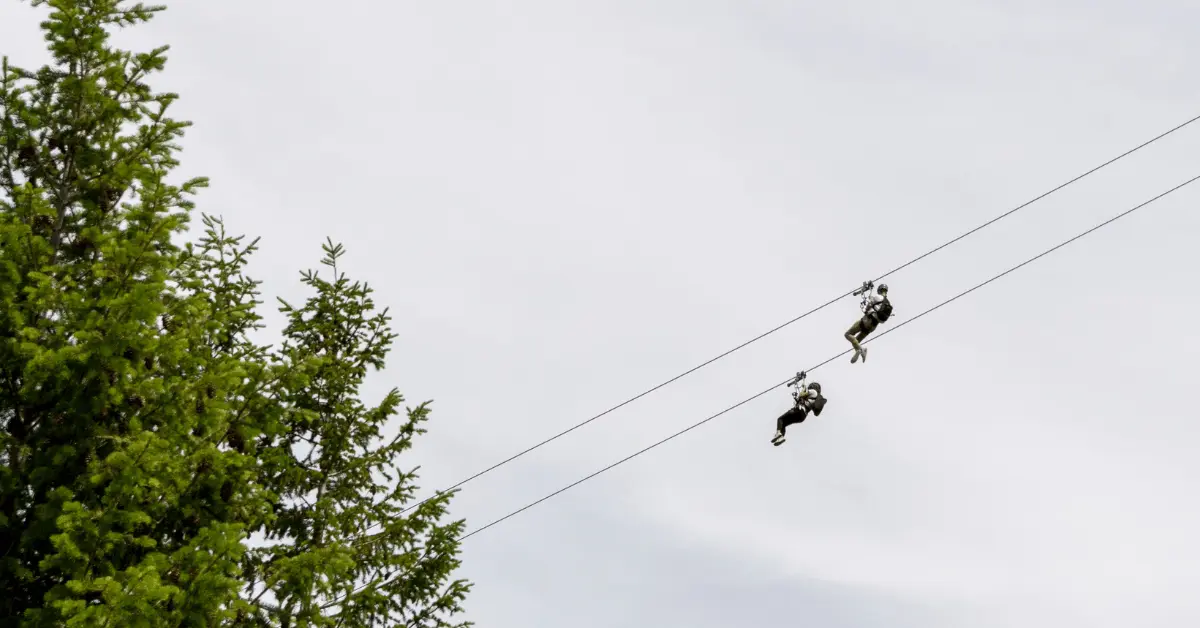 Vista horizontal de instalación profesional de tirolina y componentes de ingeniería estructural